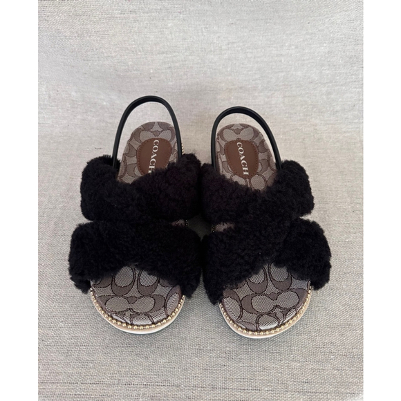 Coach Black Tally Shearling Sandals Size 6.5 - Picture 1 of 8